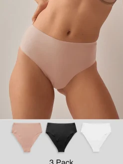 Next High Waist High Leg No VPL Comfort Knickers 3 Pack Black/White/Praline Nude New
