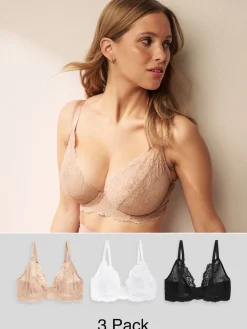 Next Non Pad Plunge DD+ Lace Bras 3 Pack Black/White/Praline Nude Outlet