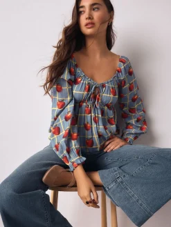 Next Long Sleeve Milkmaid Top Blue Apple Print Outlet