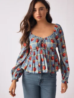 Next Long Sleeve Milkmaid Top Blue Apple Print Outlet
