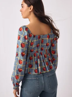 Next Long Sleeve Milkmaid Top Blue Apple Print Outlet