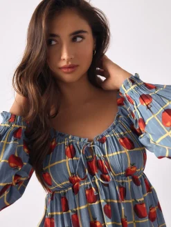 Next Long Sleeve Milkmaid Top Blue Apple Print Outlet