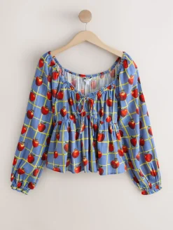 Next Long Sleeve Milkmaid Top Blue Apple Print Outlet