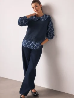 Next Frill Collar Shirt Layer Knitted Tank Blue Check Hot