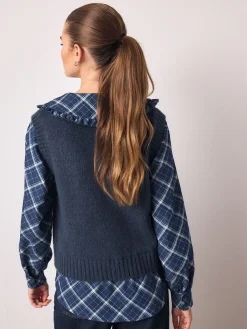 Next Frill Collar Shirt Layer Knitted Tank Blue Check Hot