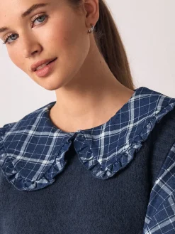 Next Frill Collar Shirt Layer Knitted Tank Blue Check Hot