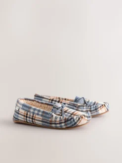 Next Moccasin Brushed Slippers Blue Check Best