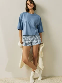 Next Cotton Short Set Pyjamas Blue Floral Clearance