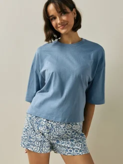 Next Cotton Short Set Pyjamas Blue Floral Clearance