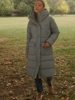 Next Blue Gingham Shower Resistant Padded Hooded Longline Coat