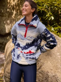 Next Blue Graphic Winter Scenic Soft Touch Cosy Teddy Borg Quarter Zip Fleece Best