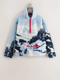 Next Blue Graphic Winter Scenic Soft Touch Cosy Teddy Borg Quarter Zip Fleece Best