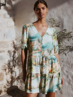 Next Short Sleeve Button Through Tiered Mini Dress with Linen Blue House Print Sale