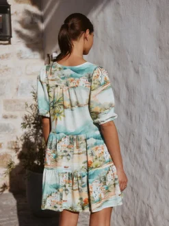 Next Short Sleeve Button Through Tiered Mini Dress with Linen Blue House Print Sale