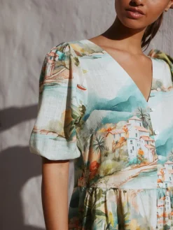 Next Short Sleeve Button Through Tiered Mini Dress with Linen Blue House Print Sale