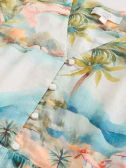 Next Short Sleeve Button Through Tiered Mini Dress with Linen Blue House Print Sale