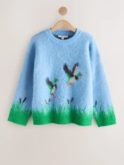 Next Brushed Crew Neck Jumper Blue Mallard Duck Graphic Sale