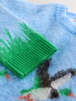 Next Brushed Crew Neck Jumper Blue Mallard Duck Graphic Sale