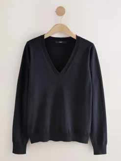 Next Soft Touch V-Neck Cotton Rich Jumper Blue Navy Outlet