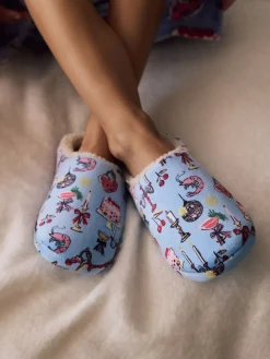 Next Plush Mule Slippers Blue Clearance