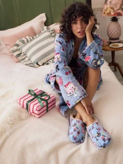 Next Plush Mule Slippers Blue Clearance