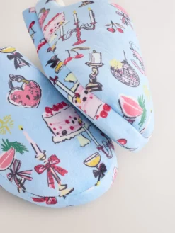 Next Plush Mule Slippers Blue Clearance