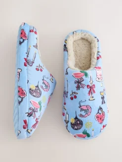Next Plush Mule Slippers Blue Clearance