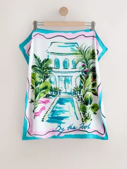Next Satin Square Scarf Blue Poolside Scene Outlet