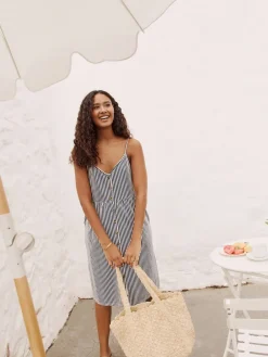 Next Jersey Button Down Midi Dress Blue Stripe Outlet