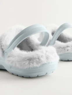 Next Womens Faux Fur Lined Clogs Slippers Blue Clearance