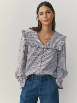 Next Oversized Collar Long Sleeve Blouse Blue/Brown Check Hot