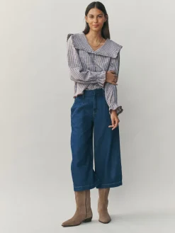 Next Oversized Collar Long Sleeve Blouse Blue/Brown Check Hot