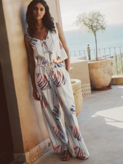 Next Pull On Wide Leg Trousers With Linen Blue/Ecru Hot