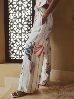 Next Pull On Wide Leg Trousers With Linen Blue/Ecru Hot