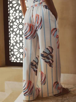 Next Pull On Wide Leg Trousers With Linen Blue/Ecru Hot