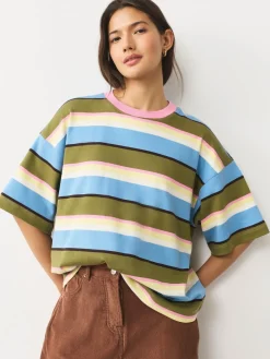 Next Blue/Green/Pink Striped Relaxed Boxy Elbow Length Crew Neck T-Shirt Sale