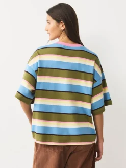 Next Blue/Green/Pink Striped Relaxed Boxy Elbow Length Crew Neck T-Shirt Sale