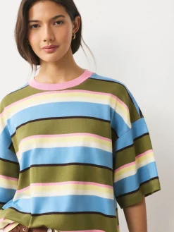Next Blue/Green/Pink Striped Relaxed Boxy Elbow Length Crew Neck T-Shirt Sale