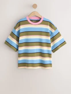 Next Blue/Green/Pink Striped Relaxed Boxy Elbow Length Crew Neck T-Shirt Sale