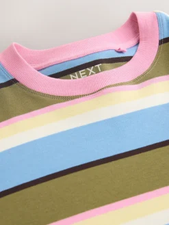 Next Blue/Green/Pink Striped Relaxed Boxy Elbow Length Crew Neck T-Shirt Sale