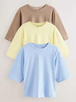Next Elbow Length Crew Neck 100% Cotton T-Shirts 3 Pack Blue/Lemon Yellow/Neutral Outlet