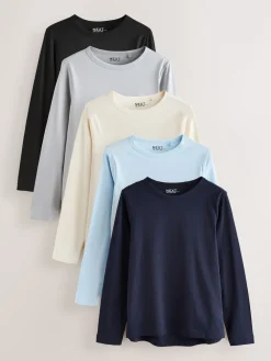 Next Long Sleeve Crew Neck T-Shirts 5 Pack Blue/Navy/Cream/Grey Hot