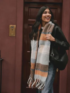 Next Heavyweight Brushed Blanket Scarf Blue/Orange Clearance