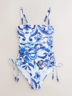 Next Blue/White Floral Bandeau Ruched Leg Tummy Control Shaping Swimsuit New