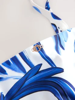 Next Blue/White Floral Bandeau Ruched Leg Tummy Control Shaping Swimsuit New