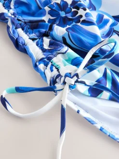 Next Blue/White Floral Bandeau Ruched Leg Tummy Control Shaping Swimsuit New