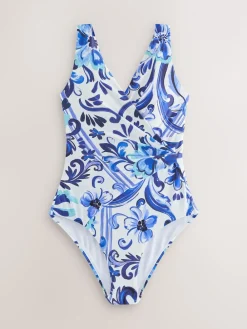 Next Wrap Tummy Control Swimsuit Blue/White Floral Online