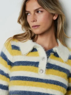 Next Gem Button Short Sleeve Knitted Polo Jumper Blue/Yellow Stripe Best