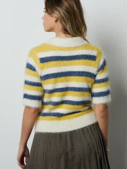 Next Gem Button Short Sleeve Knitted Polo Jumper Blue/Yellow Stripe Best