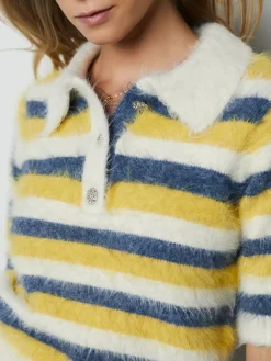 Next Gem Button Short Sleeve Knitted Polo Jumper Blue/Yellow Stripe Best